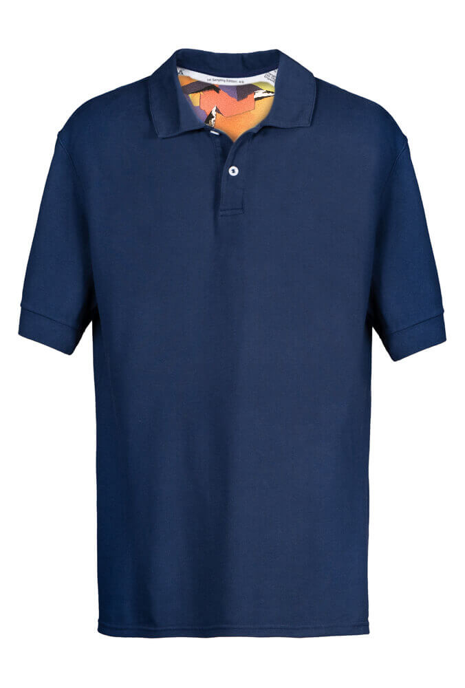 Blue Polo shirt from front (1) Frontal view of blue Polo shirt in ghost mannequin